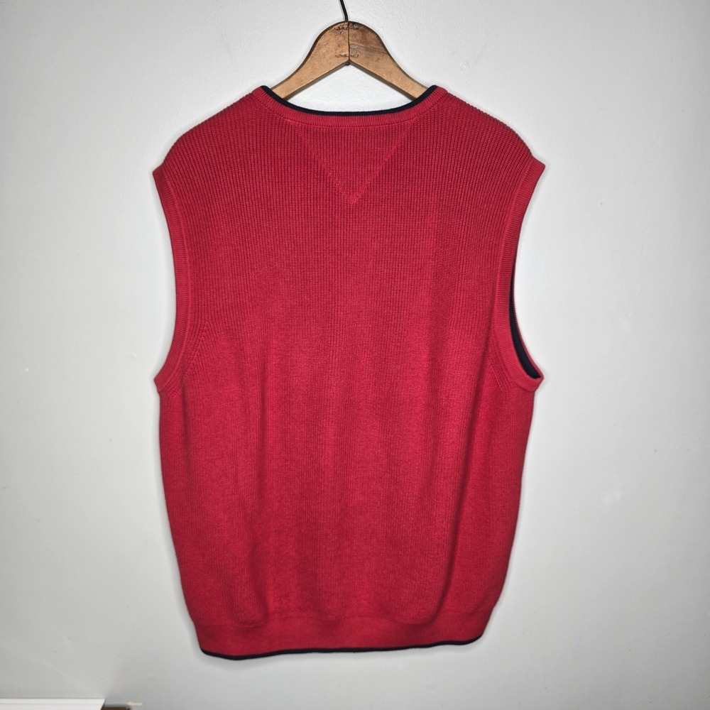 Tommy Hilfiger Mens Red Ribbed Cotton V-Neck Sweater Vest XL Crest Logo Navy - Picture 8 of 12